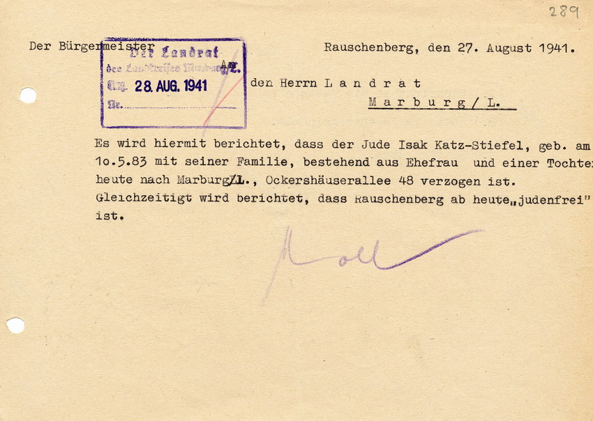 Schreiben des Bürgermeisters von Rauschenberg an den Landrat in Marburg mit der Meldung, Rauschenberg sei "judenfrei", 27. August 1941