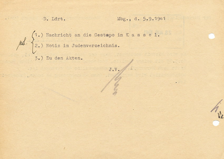 Schreiben des Bürgermeisters von Rauschenberg an den Landrat in Marburg mit der Meldung, Rauschenberg sei "judenfrei", 27. August 1941