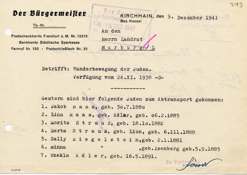 Schreiben des Bürgermeisters von Kirchhain an den Landrat in Marburg betreffend den Abtransport diverser Juden, 09. Dezember 1941