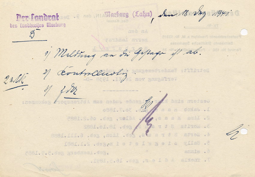 Schreiben des Bürgermeisters von Kirchhain an den Landrat in Marburg betreffend den Abtransport diverser Juden, 09. Dezember 1941