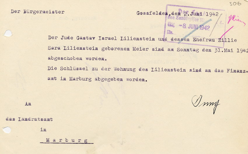 Schreiben des Bürgermeisters von Gossfelden an den Landrat in Marburg betreffend die Abschiebung des jüdischen Ehepaares Lilienstein, 02. Juni 1942