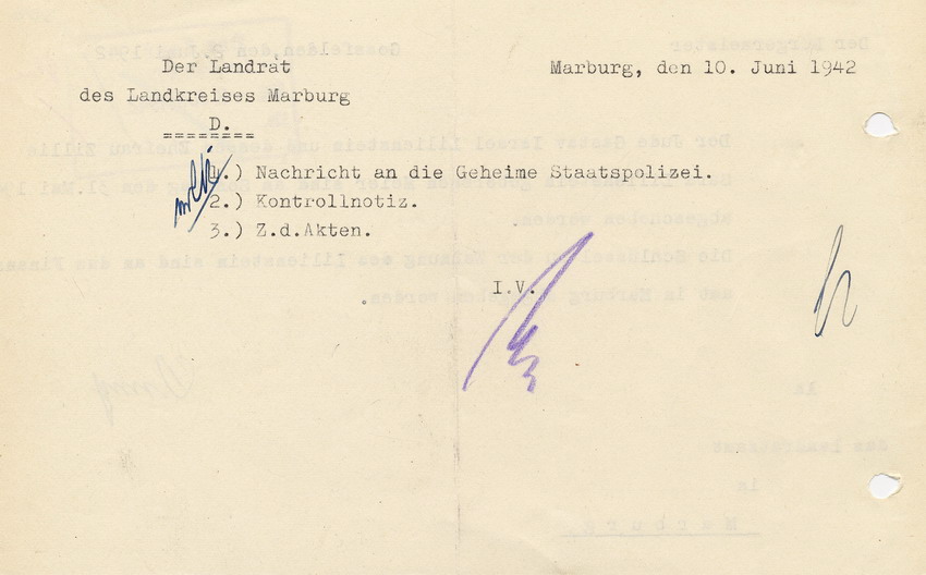 Schreiben des Bürgermeisters von Gossfelden an den Landrat in Marburg betreffend die Abschiebung des jüdischen Ehepaares Lilienstein, 02. Juni 1942
