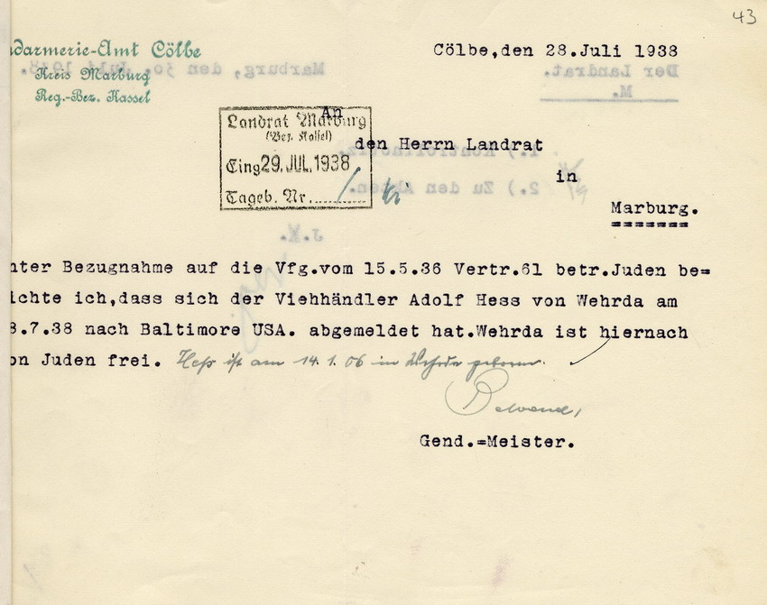 Schreiben des Gendarmerie -Amts Cölbe an den Landrat in Marburg betreffend die Abmeldung des letzten Juden in Wehrda,  28. Juli 1938
