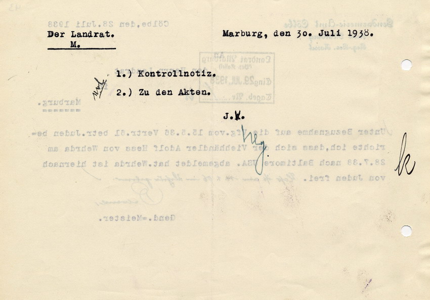 Schreiben des Gendarmerie -Amts Cölbe an den Landrat in Marburg betreffend die Abmeldung des letzten Juden in Wehrda,  28. Juli 1938