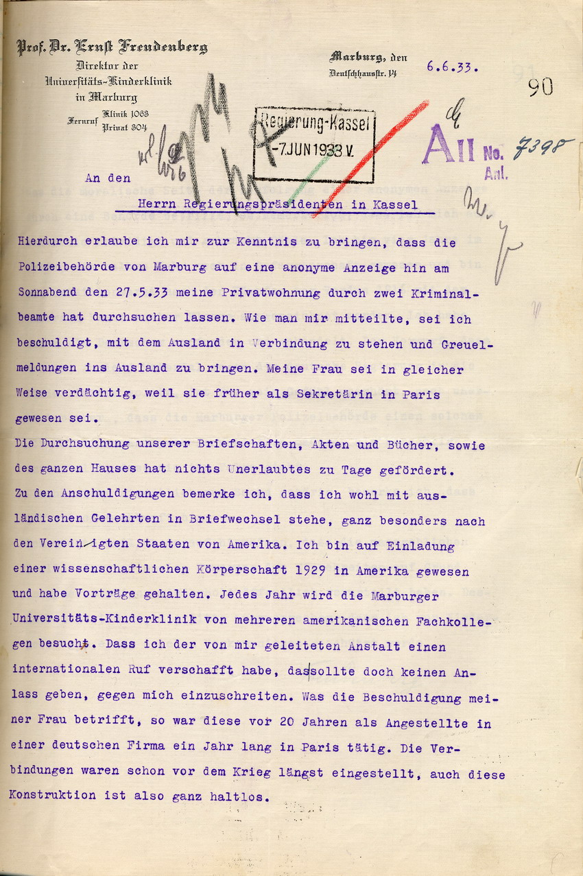 Prof. Dr. Ernst Freudenberg an den Regierungspräsidenten in Kassel betreffend eine anonyme Anzeige, Marburg, 06.Juni 1933