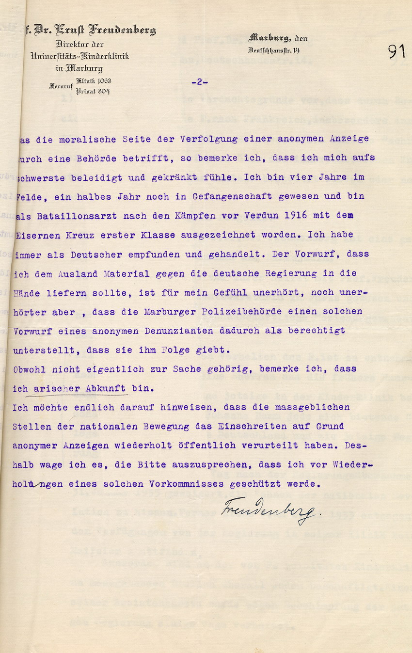 Prof. Dr. Ernst Freudenberg an den Regierungspräsidenten in Kassel betreffend eine anonyme Anzeige, Marburg, 06.Juni 1933