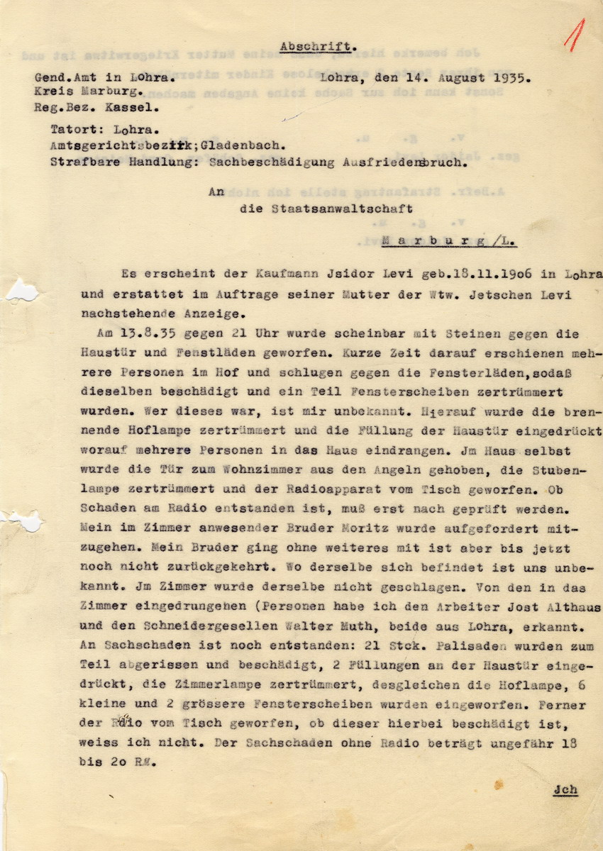 Gendarmeriemeister Schäfer an die Staatsanwaltschaft in Marburg betreffend die Sachbeschädigung und den Hausfriedensbruch im Fall Levi. Lohra, 14. August 1935