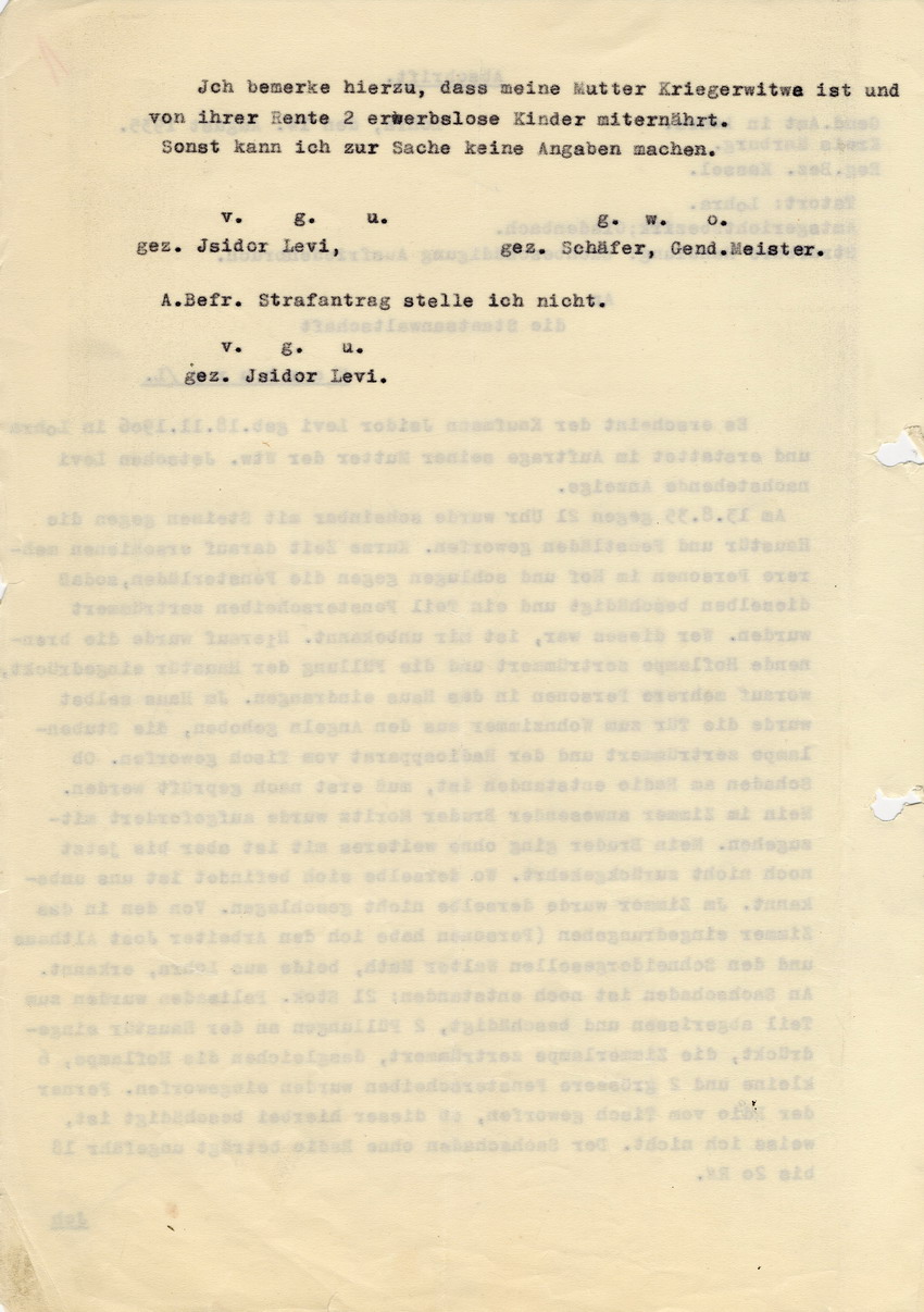 Gendarmeriemeister Schäfer an die Staatsanwaltschaft in Marburg betreffend die Sachbeschädigung und den Hausfriedensbruch im Fall Levi. Lohra, 14. August 1935