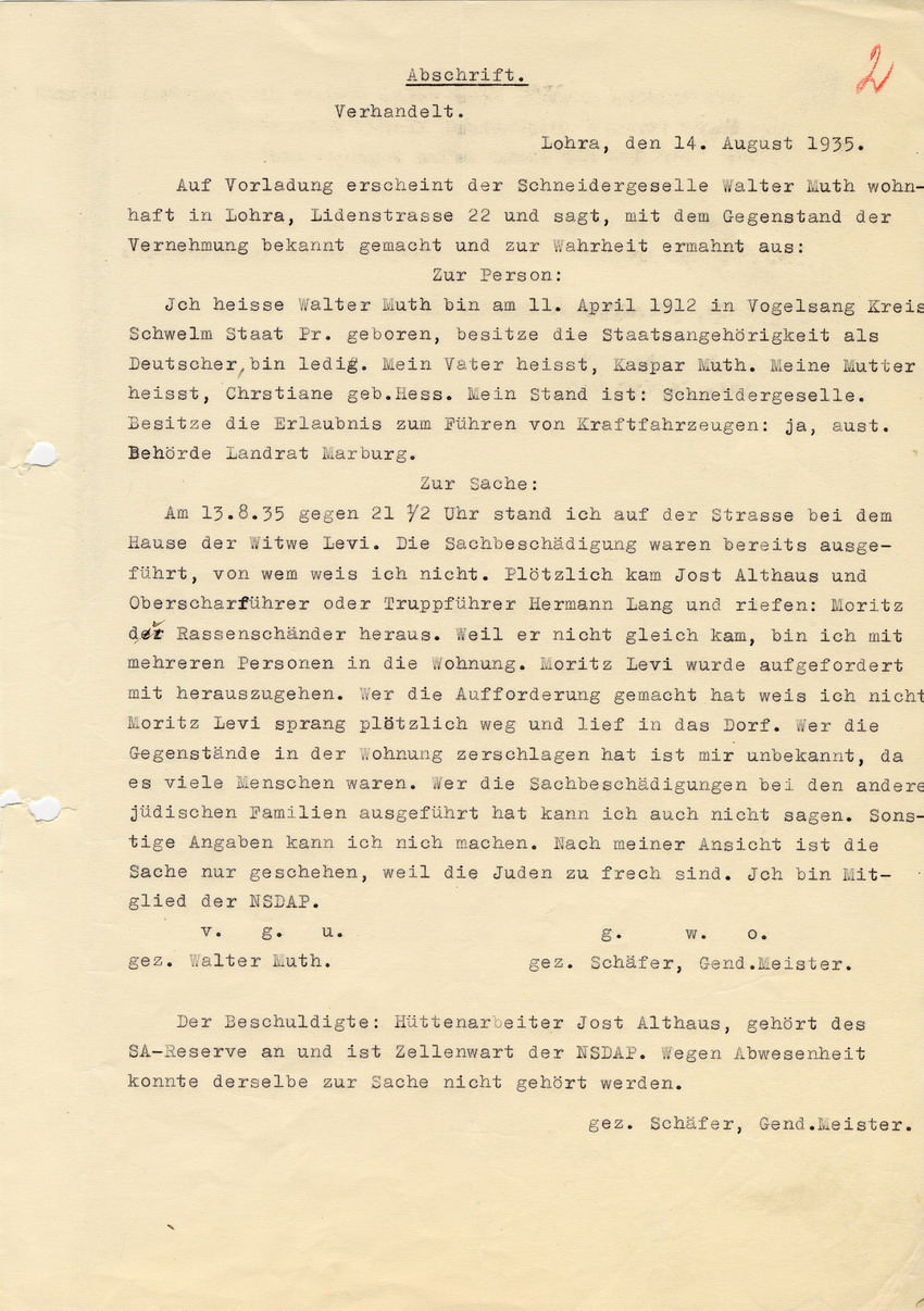 Gendarmeriemeister Schäfer an die Staatsanwaltschaft in Marburg betreffend die Sachbeschädigung und den Hausfriedensbruch im Fall Levi. Zeugenaussage von Walter Muth. Lohra, 14. August 1935