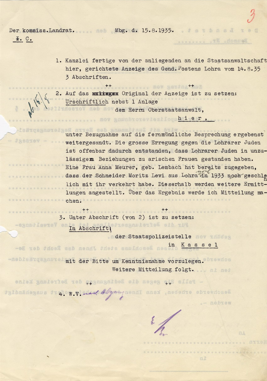 Kommissarische Landrat Marburg an die Staatsanwaltschaft betreffend die Ermittlungen gegen Moritz Levi wegen "Rassenschande" mit Anna Meurer, geb. Lembach. Marburg, 15. August 1935