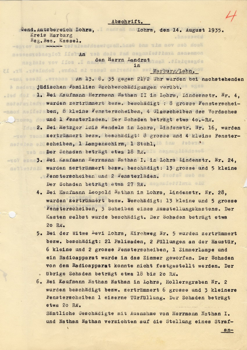 Gendarmerie-Amtsbereich Lohra, Gendarmeriemeister Schäfer an den Landrat in Marburg betreffend die Übergriffe mit Sachbeschädigung gegen zahlreiche Lohrarer jüdische Familien. Lohra, 14. August 1935