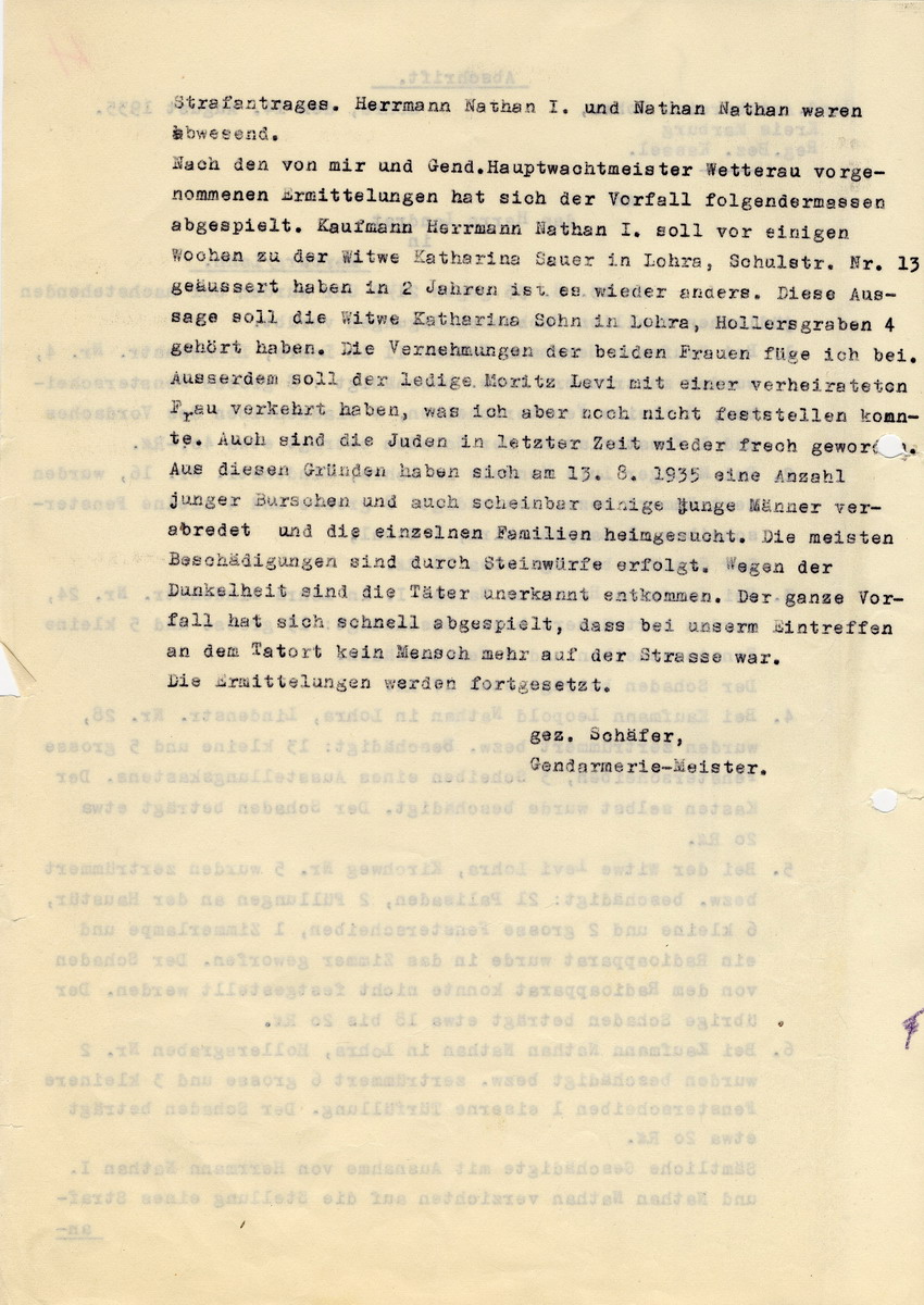 Gendarmerie-Amtsbereich Lohra, Gendarmeriemeister Schäfer an den Landrat in Marburg betreffend die Übergriffe mit Sachbeschädigung gegen zahlreiche Lohrarer jüdische Familien. Lohra, 14. August 1935
