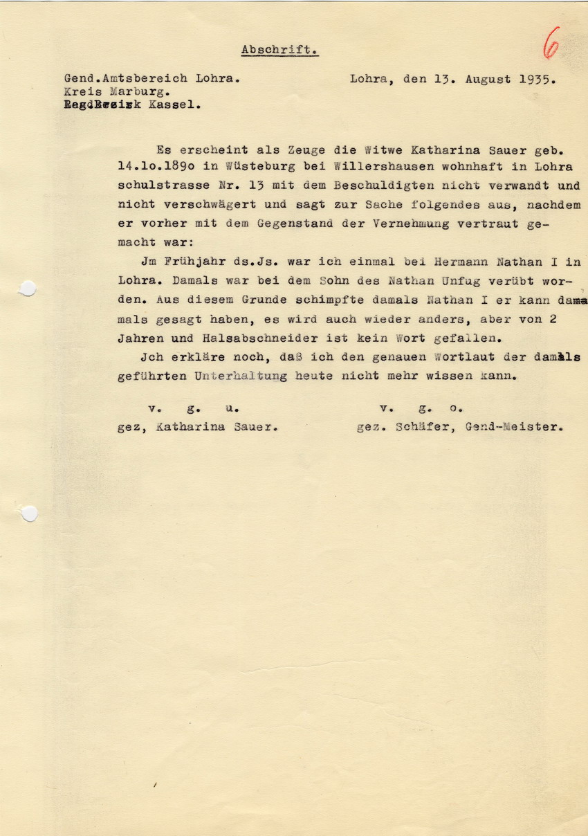 Gendarmerie-Amtsbereich Lohra, Gendarmeriemeister Schäfer an den Landrat in Marburg betreffend die Übergriffe mit Sachbeschädigung gegen zahlreiche Lohrarer jüdische Familien. Lohra, 14. August 1935