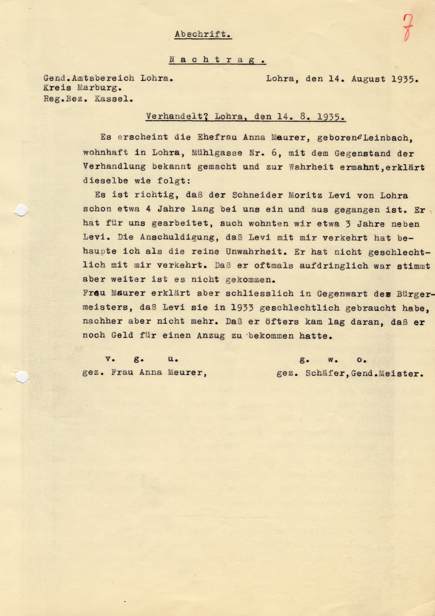 Gendarmeriemeister Schäfer, Lohra an den Landrat in Marburg betreffend das rassenschänderische Verhalten Anna Meurers mit dem Juden Moritz Levi. Lohra, 14. August 1935