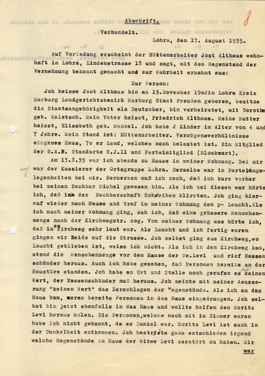 Gendarmerie-Hauptwachtmeister Wetterau, Lohra an den Landrat in Marburg betreffend die Sachbeschädigung bei dem Juden Moritz Levi vom 13.08.1935. Lohra, 17. August 1935