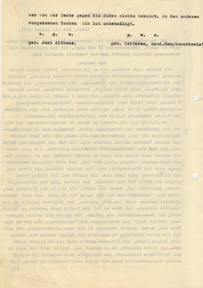 Gendarmerie-Hauptwachtmeister Wetterau, Lohra an den Landrat in Marburg betreffend die Sachbeschädigung bei dem Juden Moritz Levi vom 13.08.1935. Lohra, 17. August 1935