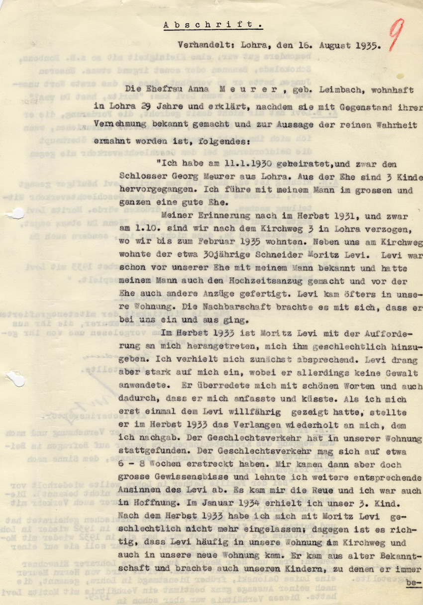 Kreisoberinspektor Lohra an den Landrat in Marburg betreffend die Aussage Anna Meurers im Kontext ihrer geschlechtlichen Beziehung mit dem Juden Moritz Levi  1933. Lohra, 16. August 1935