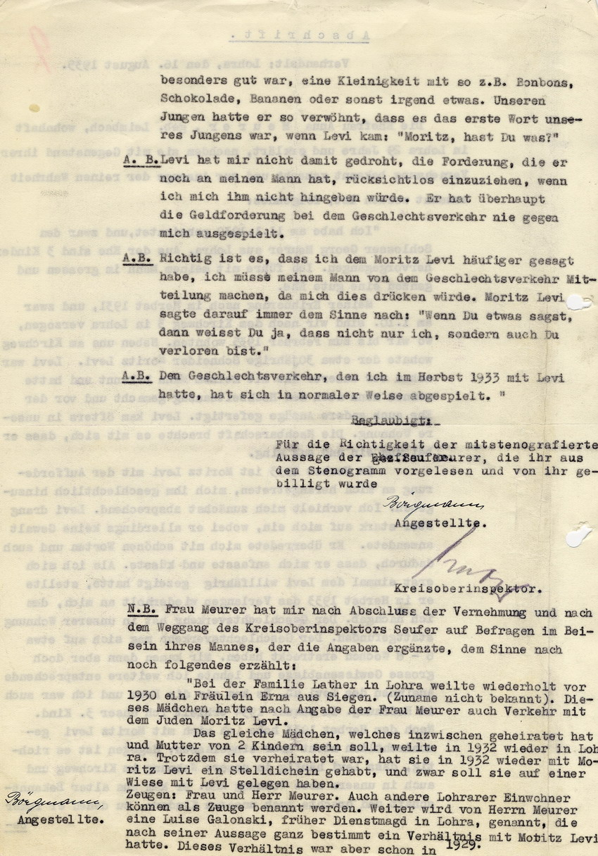 Kreisoberinspektor Lohra an den Landrat in Marburg betreffend die Aussage Anna Meurers im Kontext ihrer geschlechtlichen Beziehung mit dem Juden Moritz Levi  1933. Lohra, 16. August 1935