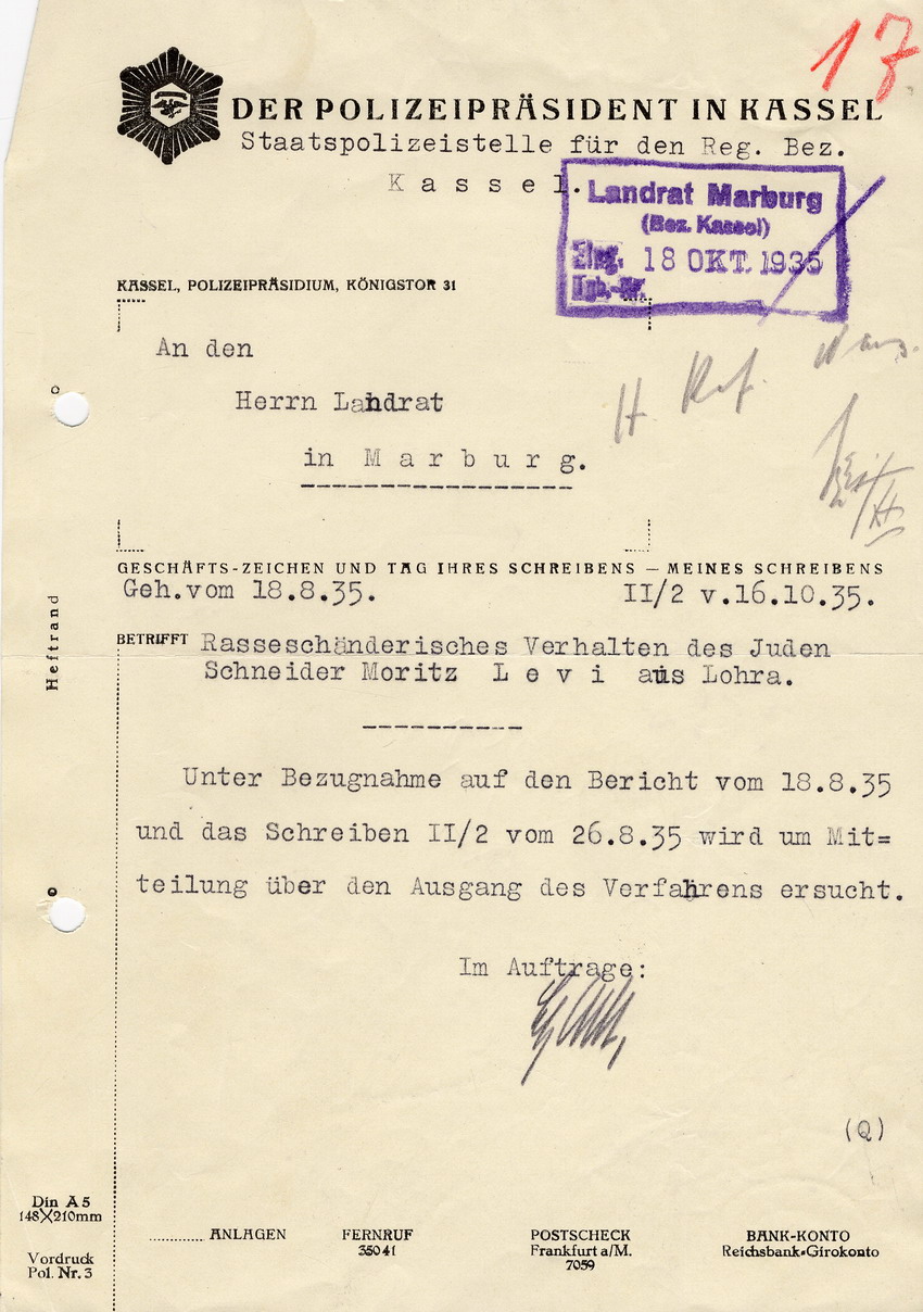Polizeipräsident Kassel an den Landrat Marburg betreffend das "rasseschänderische Verhalten des Juden Schneider Moritz Levi aus Lohra" vom 16. Oktbober 1935, Kassel. Sowie das diesbezügliche Antwortschreiben vom 14. Januar 1936 des Landrates