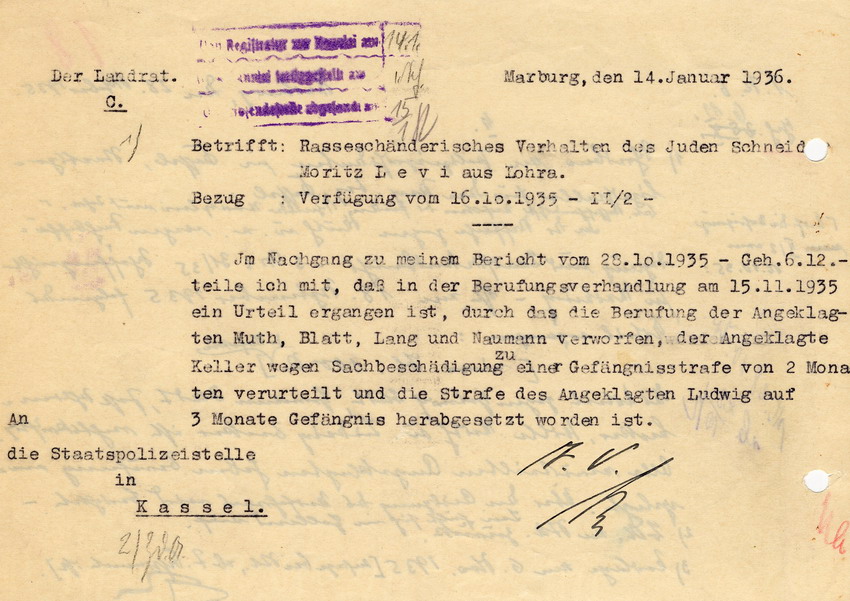 Polizeipräsident Kassel an den Landrat Marburg betreffend das "rasseschänderische Verhalten des Juden Schneider Moritz Levi aus Lohra" vom 16. Oktbober 1935, Kassel. Sowie das diesbezügliche Antwortschreiben vom 14. Januar 1936 des Landrates