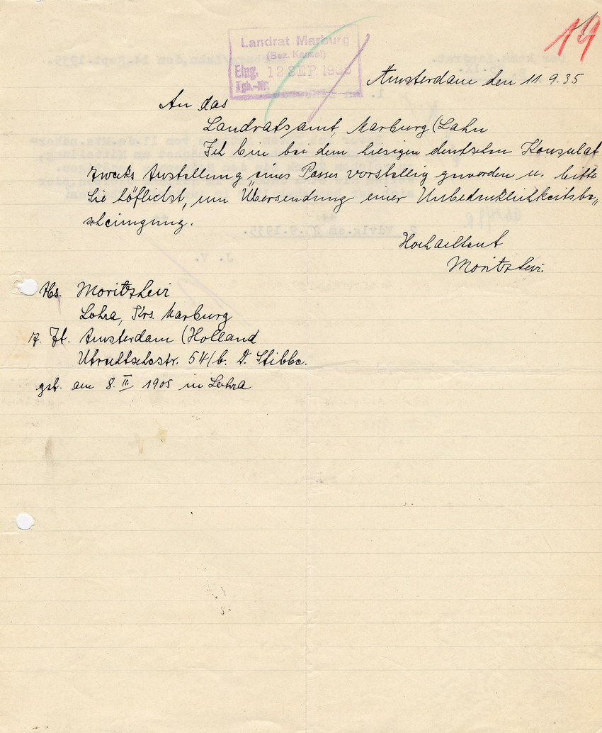 Moritz Levi an das Landratsamt in Marburg betreffend die Ausstellung eines (Reise-)Passes. Amsterdam, 11. September 1935 und das dazugehörige Antwortschreiben des Landrates vom 14. September 1935