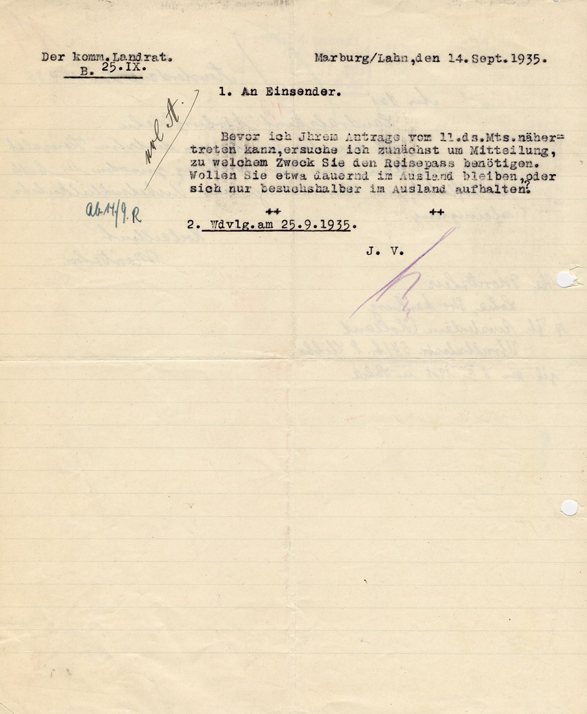 Moritz Levi an das Landratsamt in Marburg betreffend die Ausstellung eines (Reise-)Passes. Amsterdam, 11. September 1935 und das dazugehörige Antwortschreiben des Landrates vom 14. September 1935