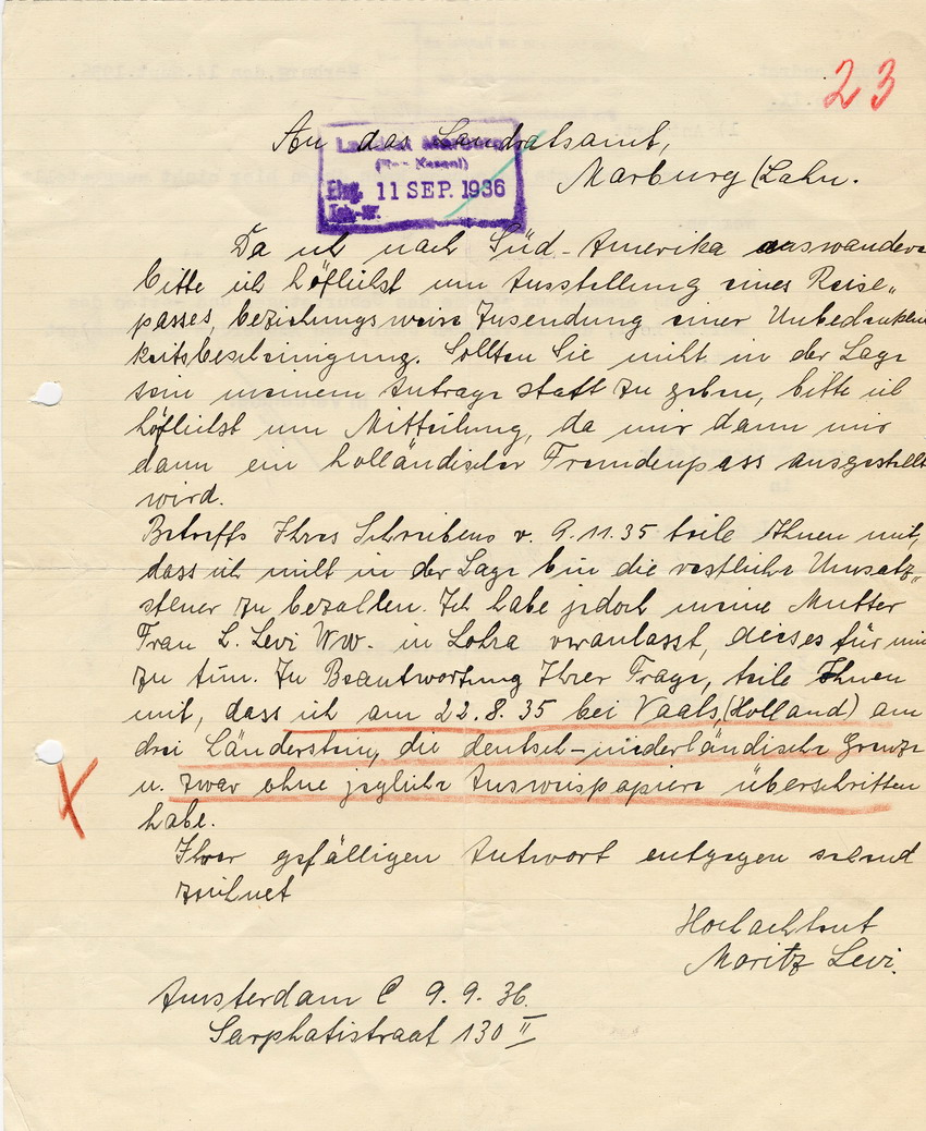 Moritz Levi an das Landratsamt in Marburg betreffend die Ausstellung eines (Reise-)Passes. Amsterdam, 09. September 1936