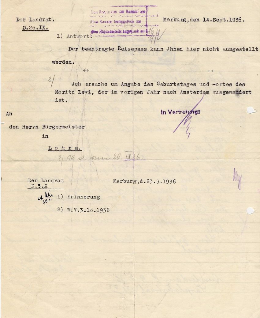 Moritz Levi an das Landratsamt in Marburg betreffend die Ausstellung eines (Reise-)Passes. Amsterdam, 09. September 1936