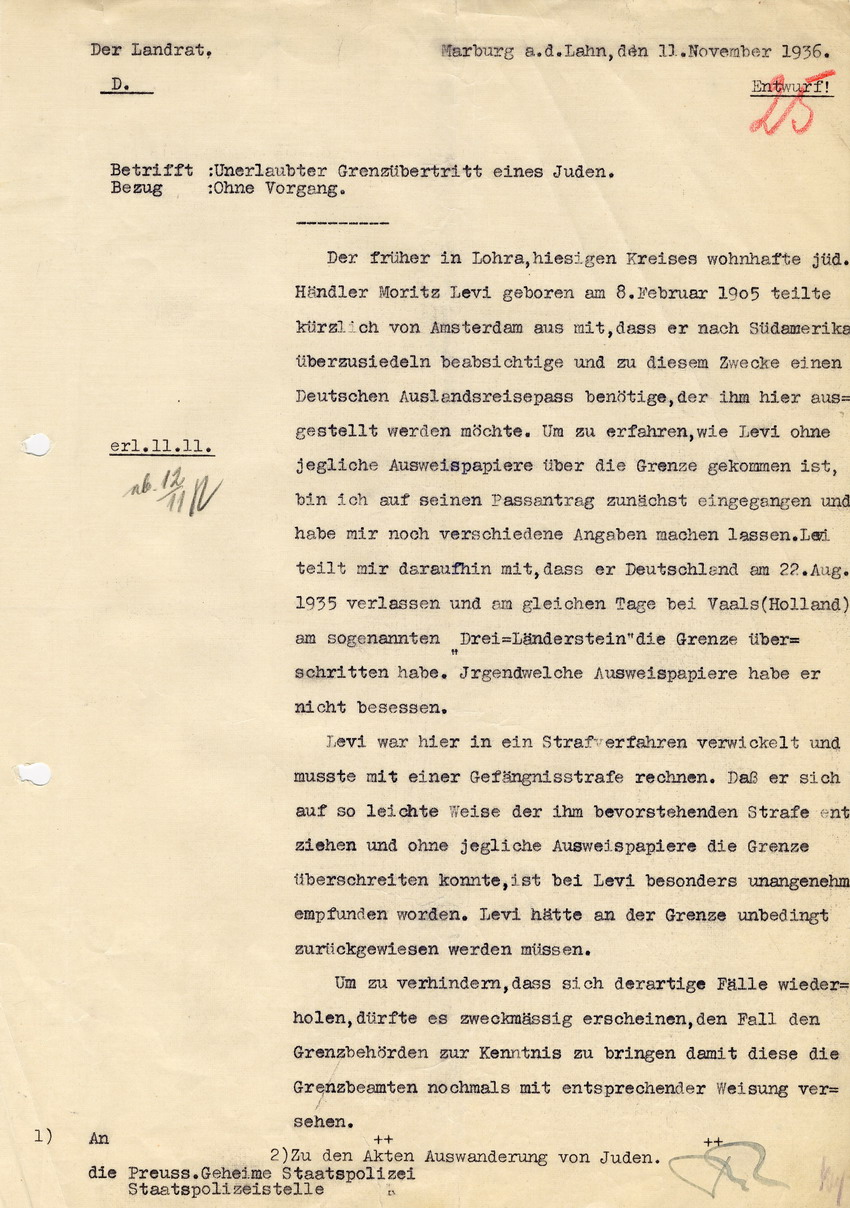 Landrat Marburg an die Preußische Geheime Staatspolizei betreffend "unerlaubter Grenzübertritt eines Juden". Marburg, 11. November 1936