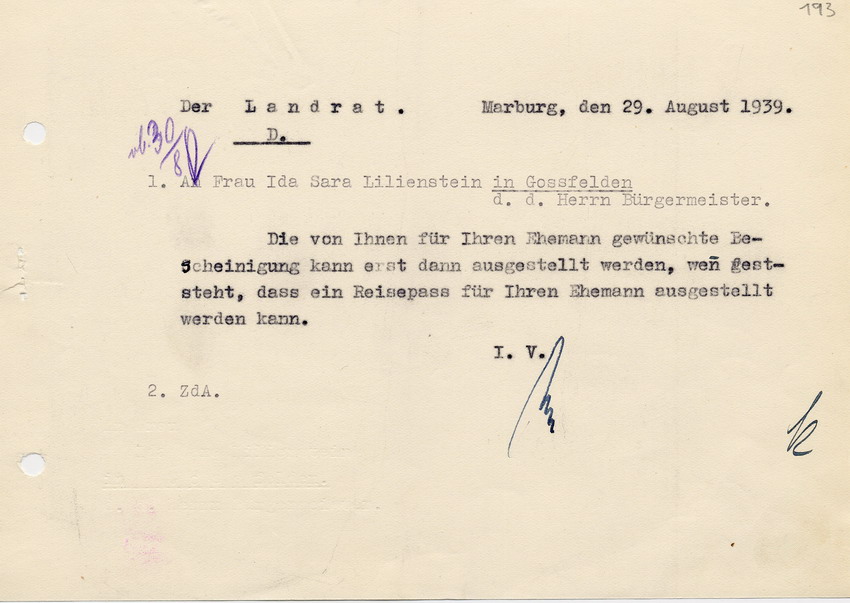 Schreiben des Landrates in Marburg an Ida Sara Li(e)lienstein betr. die Ausstellung eines Reisepasses für ihren Ehemann, 29. August 1939