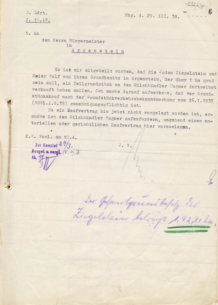 Der Marburger Landrat an den Bürgermeister von Argenstein betreffend den Verkauf eines Grundstückes von dem Juden Simon Ziegelstein an den Milchhändler Johannes Wagner, Marburg, 29. März 1938