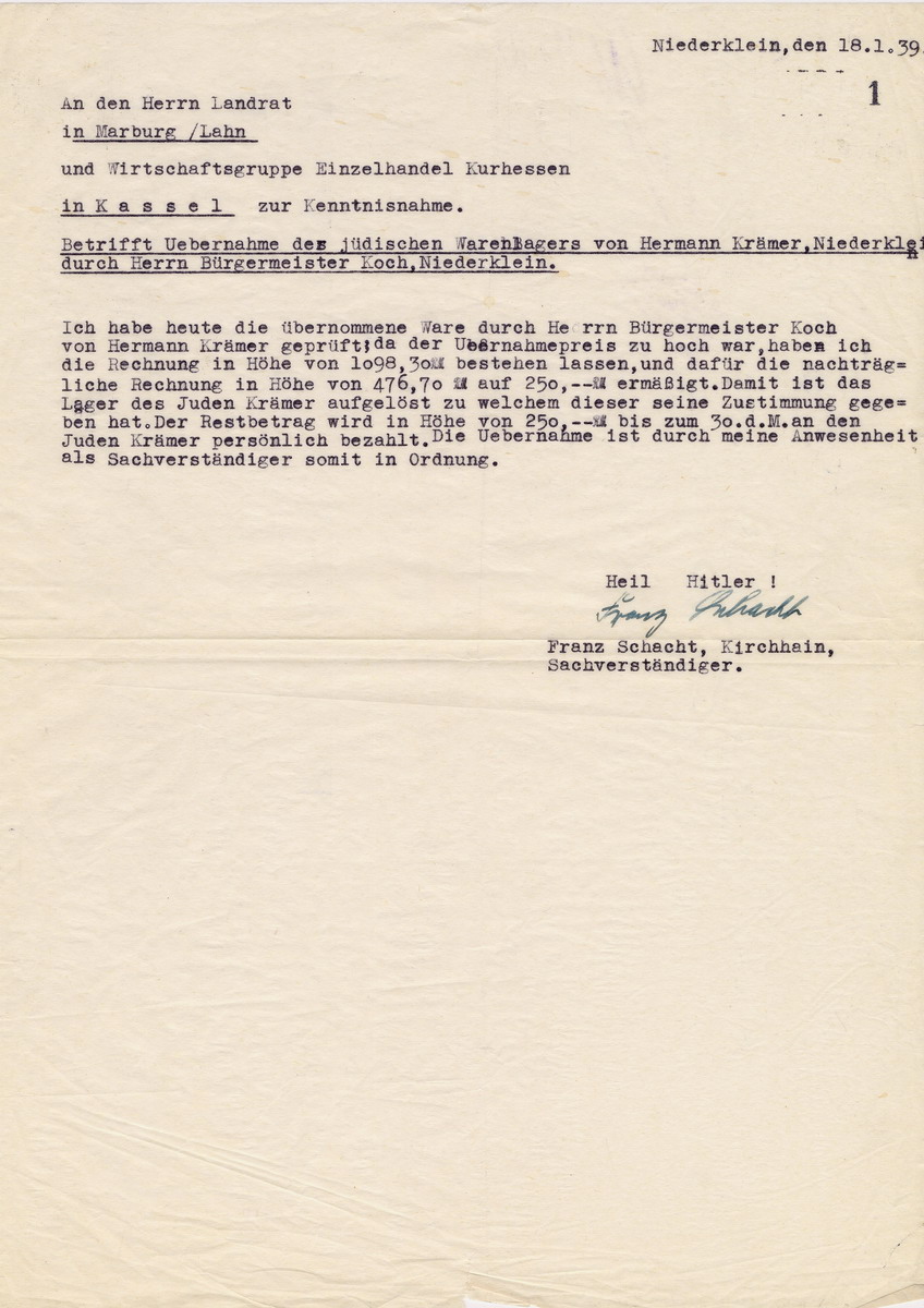 Sachverständiger Franz Schacht an den Landrat in Marburg und die Wirtschaftsgruppe Einzelhandel in Kurhessen betreffend die Übernahme des jüdischen Warenlagers von Hermann Krämer, Niederklein. Niederklein, 18. Januar 1939