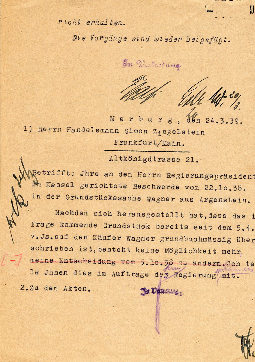 Der Regierungspräsident von Kassel an den Frankfurter Juden Ziegelstein betreffend den Grundstücksverkauf, Kassel, 21. März 1939
