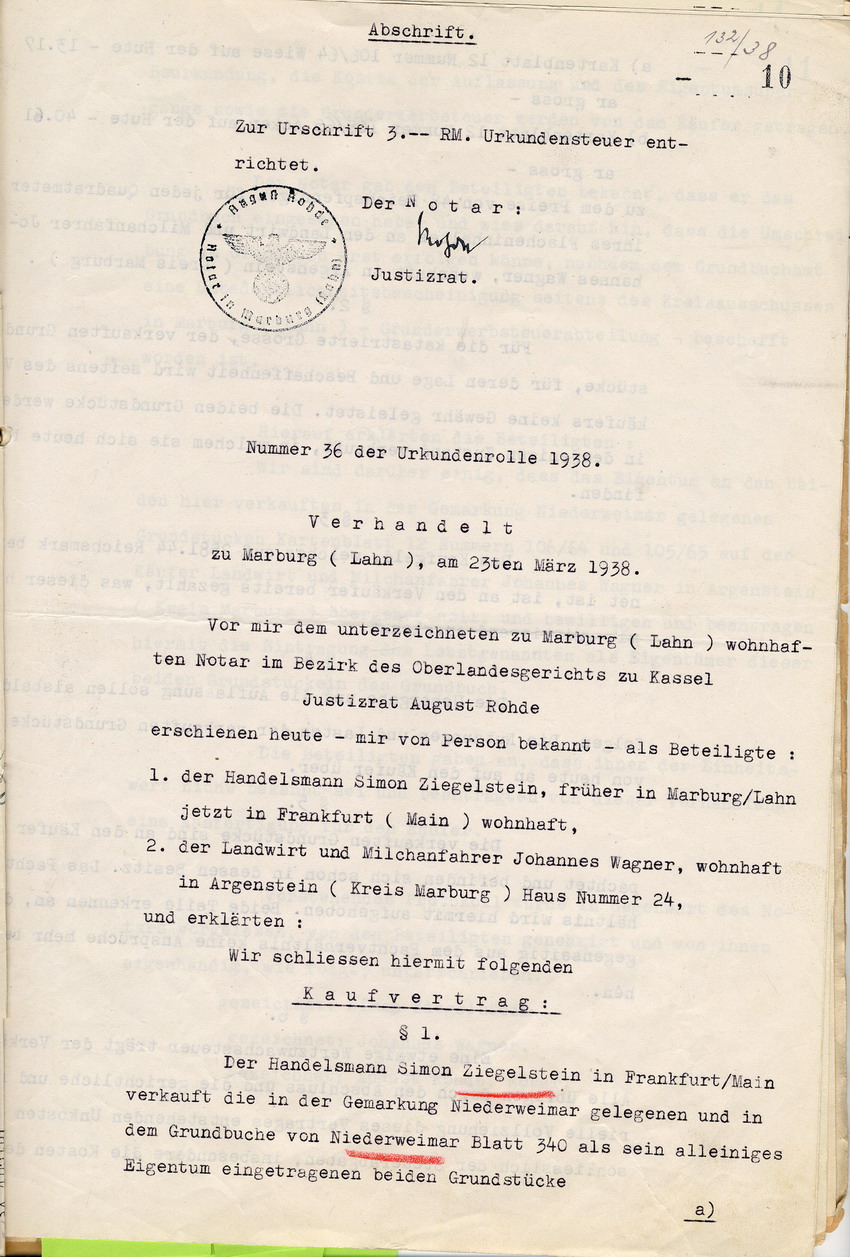 Gerichtsprotokoll mit Kaufvertrag betreffend den Verkauf eines Grundstückes des Frankfurter Juden Ziegelstein an den Argensteiner Milchhändler Johannes Wagner, Marburg, 23. März 1938
