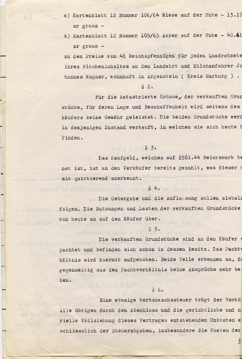 Gerichtsprotokoll mit Kaufvertrag betreffend den Verkauf eines Grundstückes des Frankfurter Juden Ziegelstein an den Argensteiner Milchhändler Johannes Wagner, Marburg, 23. März 1938