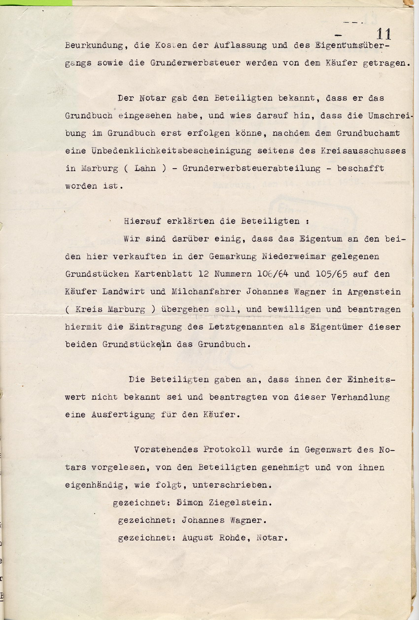 Gerichtsprotokoll mit Kaufvertrag betreffend den Verkauf eines Grundstückes des Frankfurter Juden Ziegelstein an den Argensteiner Milchhändler Johannes Wagner, Marburg, 23. März 1938