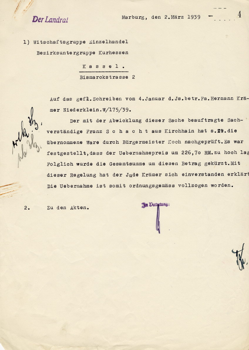 Landrat Marburg an die Wirtschaftsgruppe Einzelhandel in Kurhessen betreffend die Übernahme des jüdischen Warenlagers von Hermann Krämer in Niederklein. Marburg, 02. März 1939