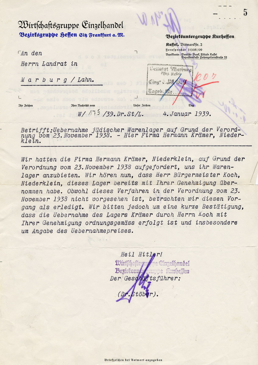 Wirtschaftsgruppe Einzelhandel, Bezirksgruppe Hessen an den Landrat in Marburg betreffend die Übernahme des jüdischen Warenlagers Hermann Krämers, aufgrund der Verordnung vom 23. November 1938. Kassel, 04. Januar 1939