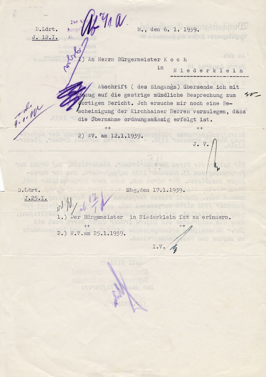 Wirtschaftsgruppe Einzelhandel, Bezirksgruppe Hessen an den Landrat in Marburg betreffend die Übernahme des jüdischen Warenlagers Hermann Krämers, aufgrund der Verordnung vom 23. November 1938. Kassel, 04. Januar 1939