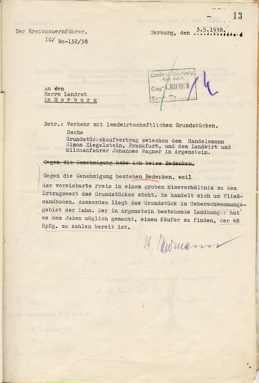 Der Kreisbauernführer an den Landrat in Marburg betreffend den Grundstücksvertrag zwischen Simon Ziegelstein und dem Milchhändler und Landwirt Johannes Wagner, Marburg, 03. Mai 1938