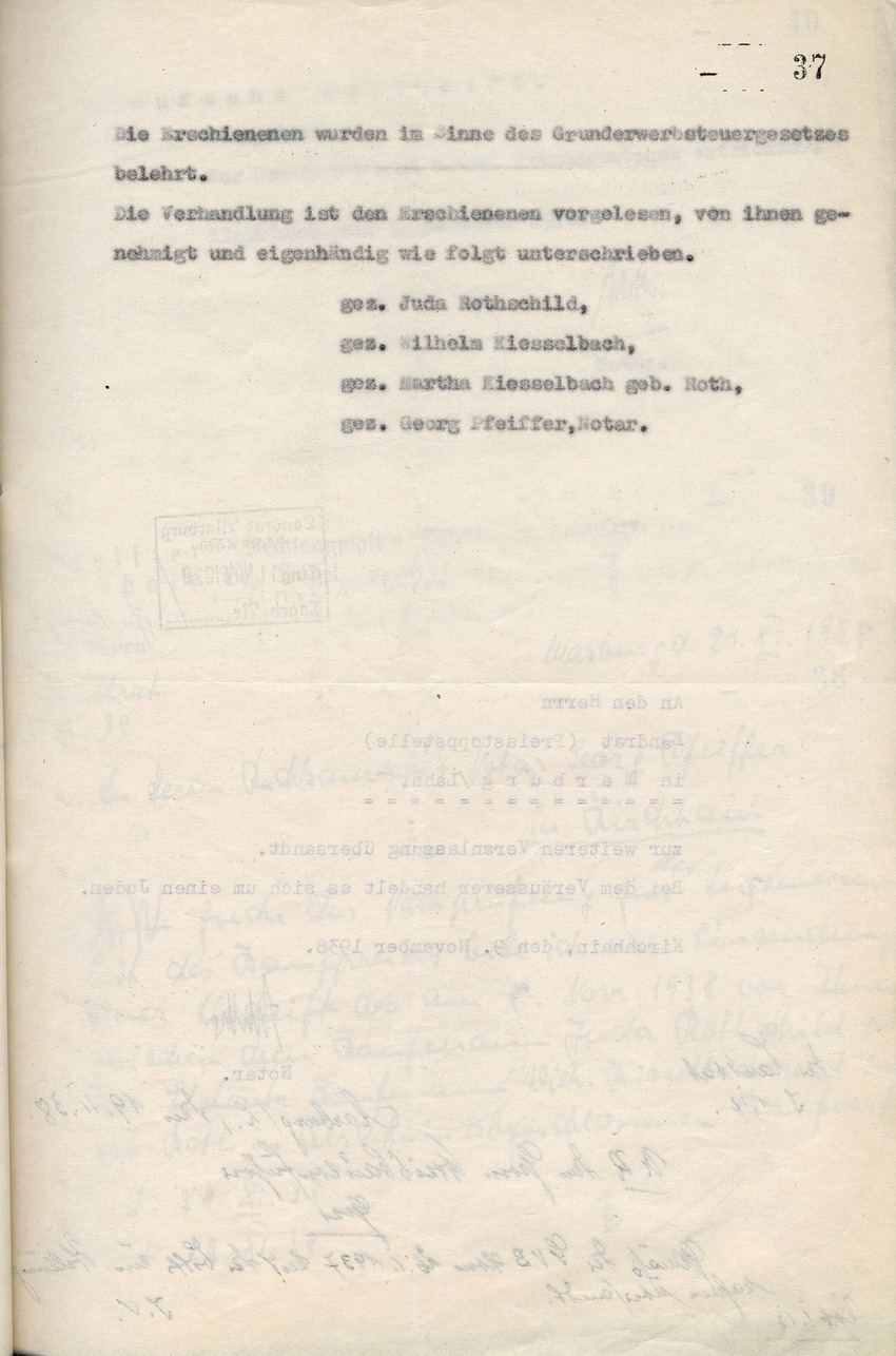 Regierungspräsident Kassel an den Landrat in Marburg betreffend den Verkauf des Grundstücks von dem jüdischen Kaufmann Juda Rothschild an die Eheleute Wilhelm Kiesselbach in Kirchhain. Kassel, 12. November 1938. Anbei der Kaufvertrag vom 09. November 1938