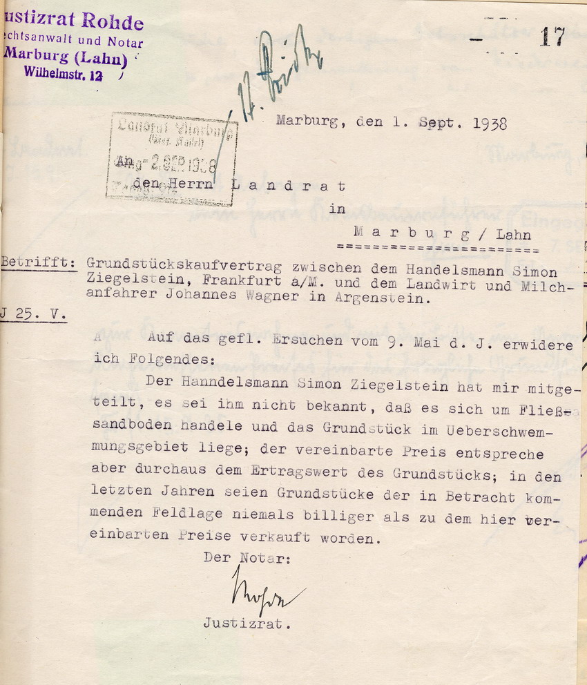 Der Justizrat Rohde aus Marburg an den Marburger Landrat betreffend den Grundstücksvertrag zwischen Simon Ziegelstein und Johannes Wagner, Marburg, 01. September 1938