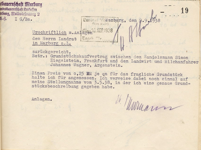 Die Kreisbauernschaft Marburg an den Marburger Landrat betreffend den Grundstückskaufvertrag zwischen dem Juden Simon Ziegelstein und dem Milchhändler Johannes Wagner, Marburg, 09. September 1938