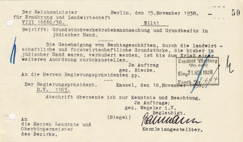 Reichsminister für Ernährung und Landwirtschaft an die Regierungspräsidenten betreffend die Grundstückverkehrsbekanntmachung und Grundbesitz in jüdischer Hand. Berlin, 15. November 1938