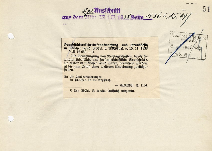 Reichsminister für Ernährung und Landwirtschaft an die Regierungspräsidenten betreffend die Grundstückverkehrsbekanntmachung und Grundbesitz in jüdischer Hand. Berlin, 15. November 1938