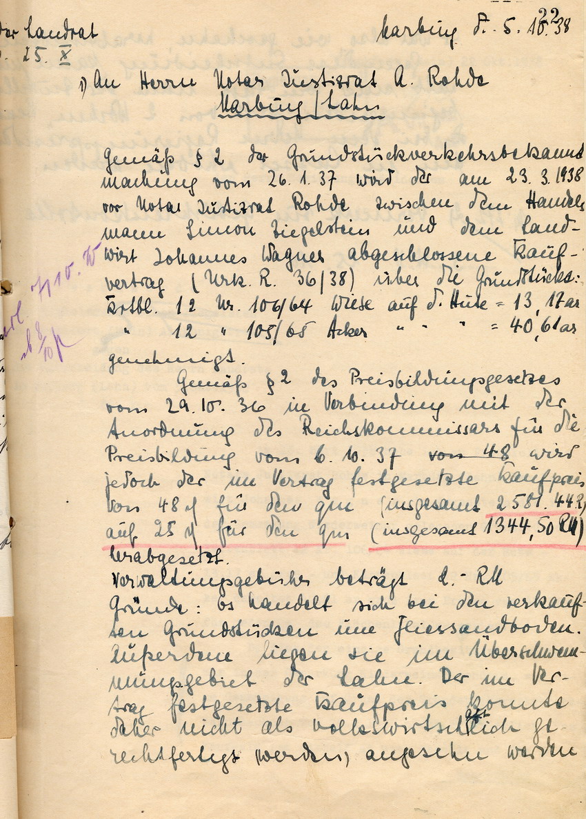 Der Marburger Landrat an den Marburger Justizrat Rohde betreffend die Herabsetzung des Kaufpreises des von dem Juden Simon Ziegelstein an Johannes Wagner verkauften Grundstückes, Marburg, 5. Oktober 1938