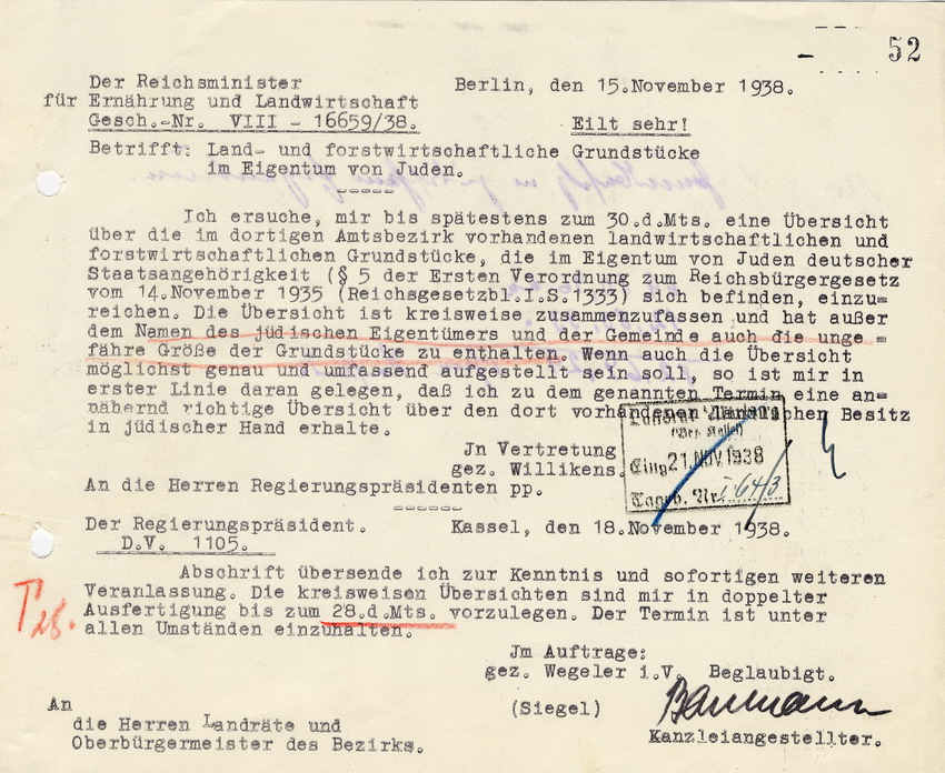Reichsminister für Ernährung und Landwirtschaft an die Regierungspräsidenten betreffend "Land- und forstwirtschaftliche Grundstücke im Eigentum von Juden". Berlin, 15. November 1938