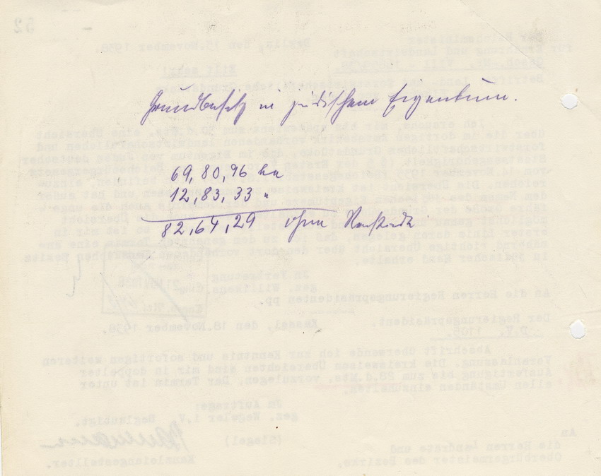 Reichsminister für Ernährung und Landwirtschaft an die Regierungspräsidenten betreffend "Land- und forstwirtschaftliche Grundstücke im Eigentum von Juden". Berlin, 15. November 1938