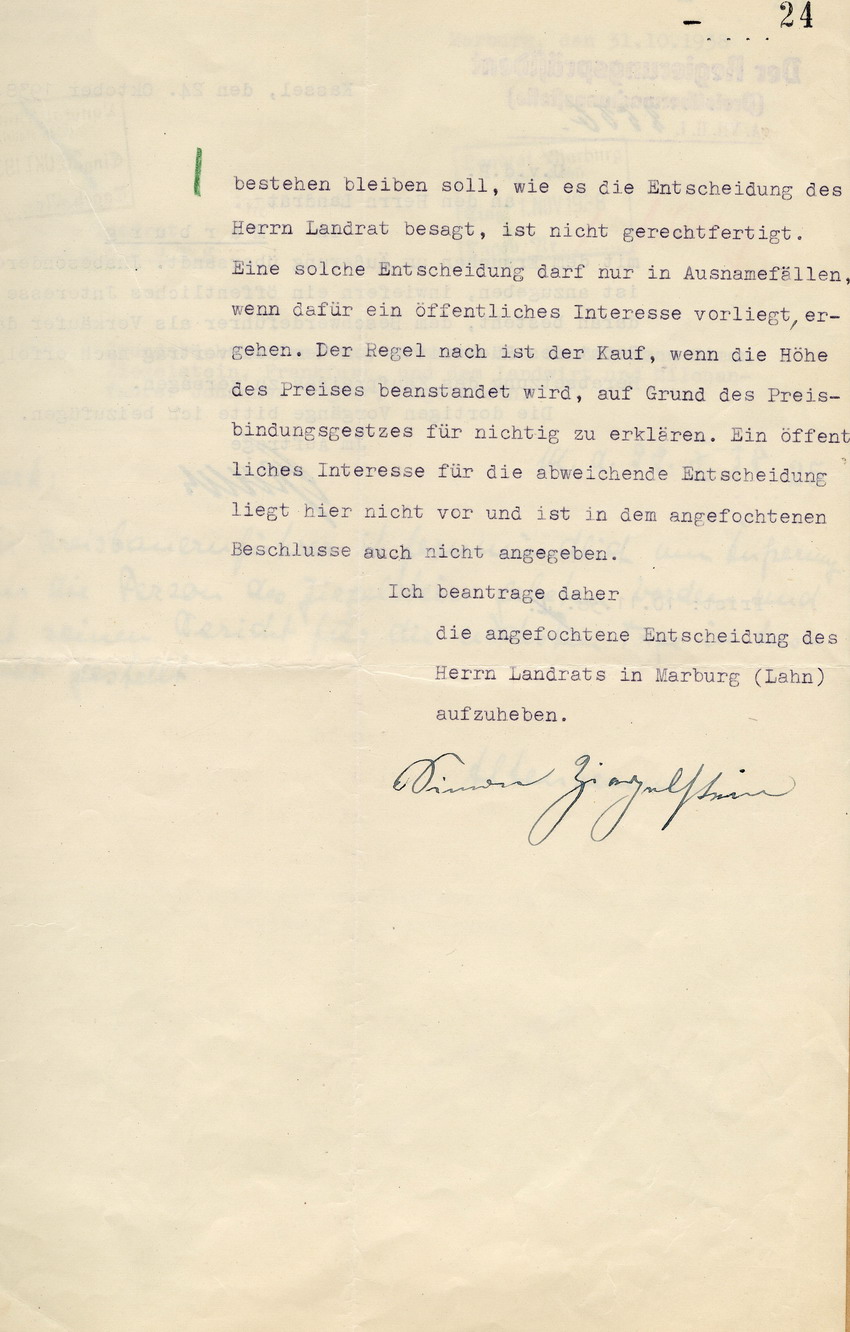 Der Jude Simon Ziegelstein an den Regierungspräsidenten in Kassel betreffend die Entscheidung des Landrates bezüglich der Herabsetzung des Kaufpreises der an Johannes Wagner verkauften Grundstücke, Frankfurt (Main), 22. Oktober 1938