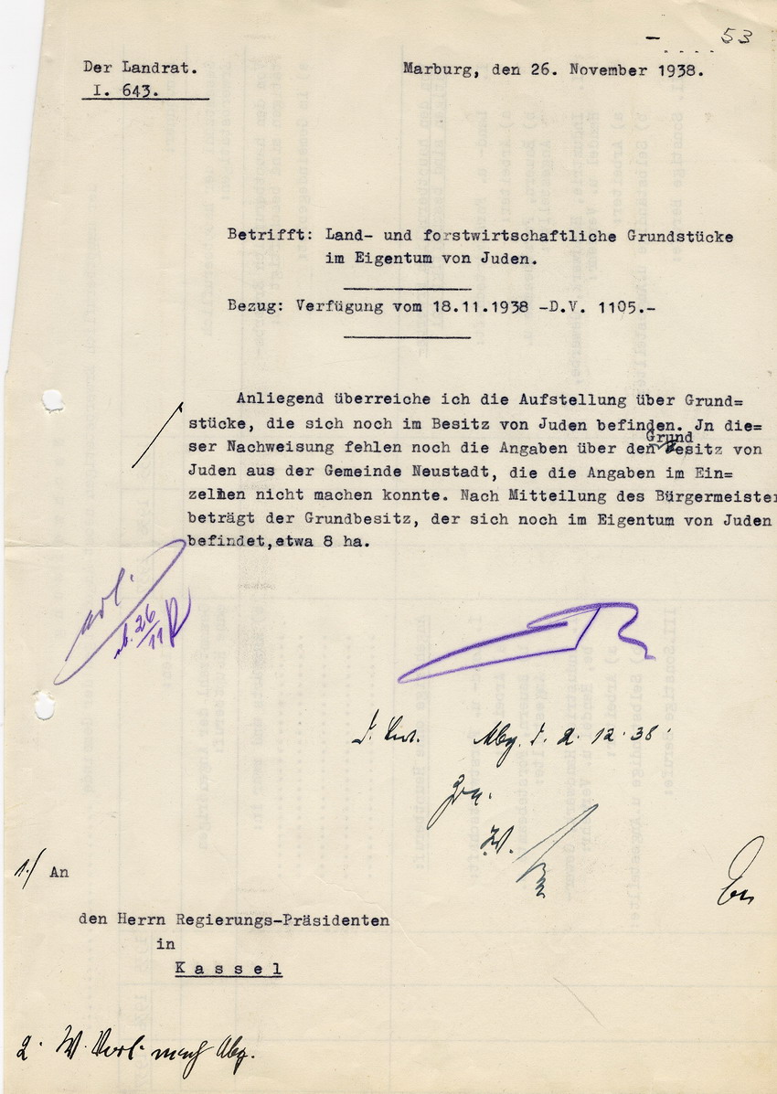 Landrat Marburg an den Regierungspräsidenten in Kassel betreffend die "Land- und forstwirtschaftlichen Grundstücke im Eigentum von Juden". Bezug zur Verfügung vom 18.11.1938. Marburg, 26. November 1938